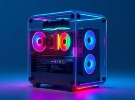A stylized, conceptual rendering of a tiny gaming PC encased within a transparent, jewel-like glass box, glowing with internal RGB.