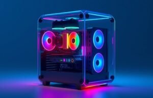 Gaming PC in a Glass Box: Dream vs. Reality of Extreme Mods A stylized, conceptual rendering of a tiny gaming PC encased within a transparent, jewel-like glass box, glowing with internal RGB.
