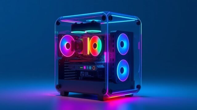 Gaming PC in a Glass Box: Dream vs. Reality of Extreme Mods A stylized, conceptual rendering of a tiny gaming PC encased within a transparent, jewel-like glass box, glowing with internal RGB.