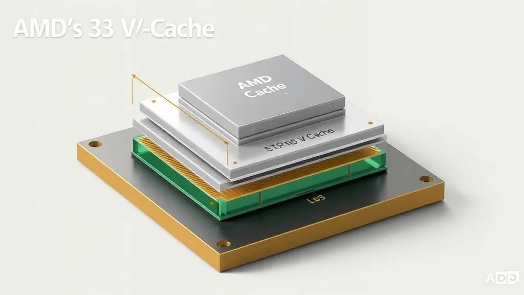 A stylized cutaway diagram illustrating AMD's 3D V-Cache technology with stacked L3 cache on a CPU die. A stylized cutaway diagram illustrating AMD's 3D V-Cache technology with stacked L3 cache on a CPU die.
