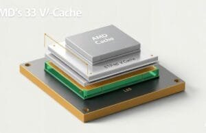Ryzen X3D vs Intel Gaming: Who Reigns Supreme? A stylized cutaway diagram illustrating AMD's 3D V-Cache technology with stacked L3 cache on a CPU die.