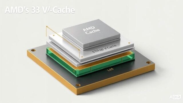 Ryzen X3D vs Intel Gaming: Who Reigns Supreme? A stylized cutaway diagram illustrating AMD's 3D V-Cache technology with stacked L3 cache on a CPU die.