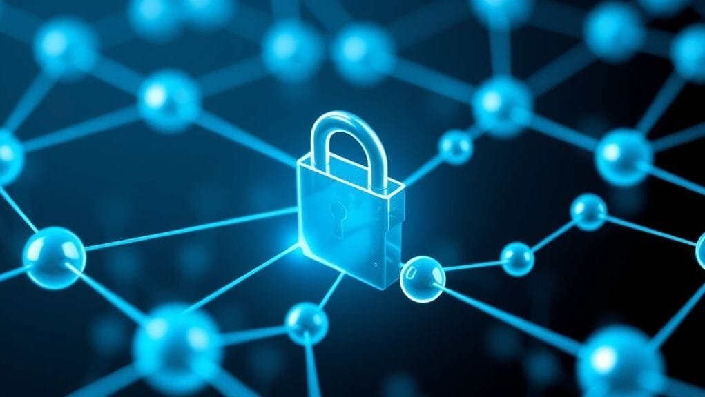 A stylized depiction of interconnected qubits forming a network, with a padlock symbol breaking apart in the background, illustrating the quantum encryption threat to current security.