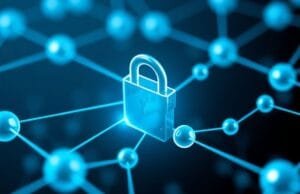 Quantum Encryption Threat: Is Your Bank Account Safe? A stylized depiction of interconnected qubits forming a network, with a padlock symbol breaking apart in the background, illustrating the quantum encryption threat to current security.