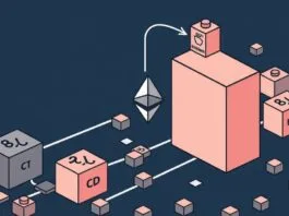 A stylized depiction of Solidity smart contracts interacting with the Ethereum blockchain, shown as building blocks.