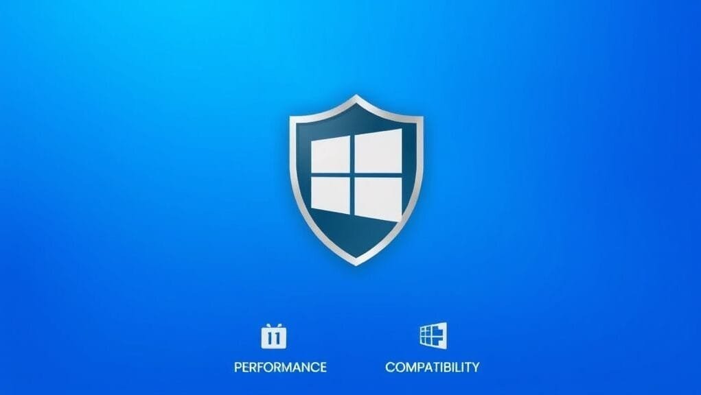 A stylized graphic depicting a shield protecting a Windows logo, representing security updates, with smaller icons for performance and compatibility.
