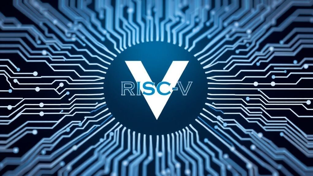 A stylized graphic depicting the RISC-V logo surrounded by interconnected circuit board traces, symbolizing an open ecosystem and global collaboration.
