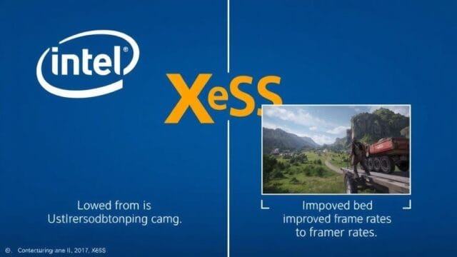 Intel Arc Graphics: The Future of GPUs? A stylized graphic of Intel XeSS technology logo with game visuals being upscaled from a lower resolution to a higher one, demonstrating improved frame rates.