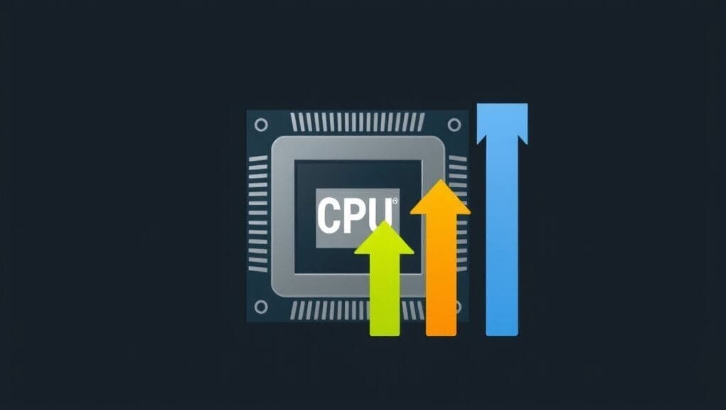 A stylized graphic showing a CPU socket with ascending arrows, symbolizing generational improvements and the concept of an upgrade path.