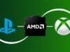 AMD Console Dominance: Inside PS & Xbox’s Future A stylized graphic showing AMD's logo at the center, with PlayStation and Xbox logos connected by arcs, symbolizing their reliance on AMD technology.