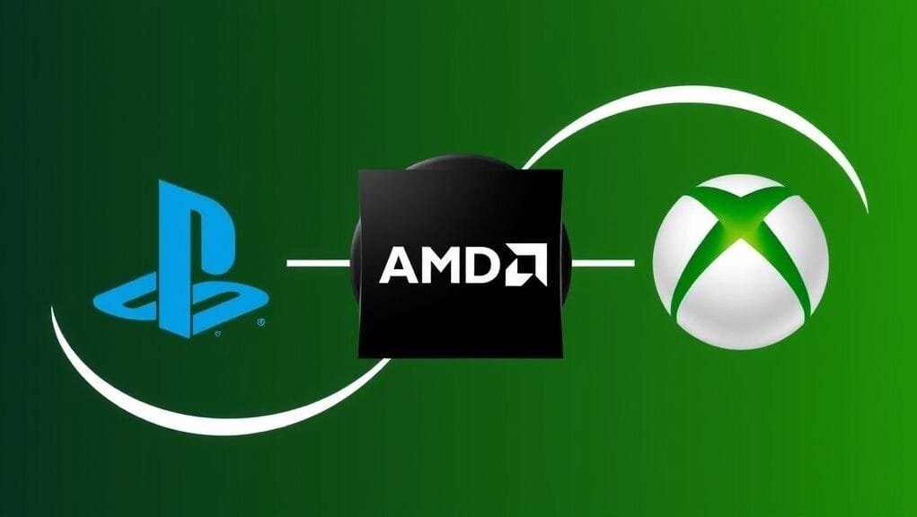 A stylized graphic showing AMD's logo at the center, with PlayStation and Xbox logos connected by arcs, symbolizing their reliance on AMD technology. A stylized graphic showing AMD's logo at the center, with PlayStation and Xbox logos connected by arcs, symbolizing their reliance on AMD technology.