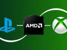 A stylized graphic showing AMD's logo at the center, with PlayStation and Xbox logos connected by arcs, symbolizing their reliance on AMD technology.