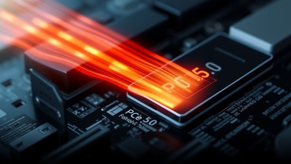 A stylized graphic showing data flowing rapidly through a PCIe 5.0 slot on a motherboard, with "PCIe 5.0" prominently displayed.