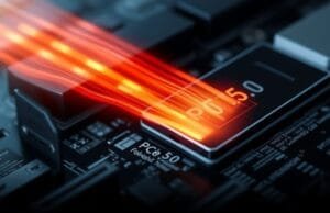 PCIe 5.0 Upgrade: Is It Worth It for Your PC? A stylized graphic showing data flowing rapidly through a PCIe 5.0 slot on a motherboard, with "PCIe 5.0" prominently displayed.