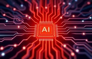 AI Chip Revolution: Will It Take Your Job? A stylized graphic showing interconnected specialized AI chips (GPUs, TPUs) radiating lines of data, symbolizing their role as the 'brain' of the AI chip revolution.