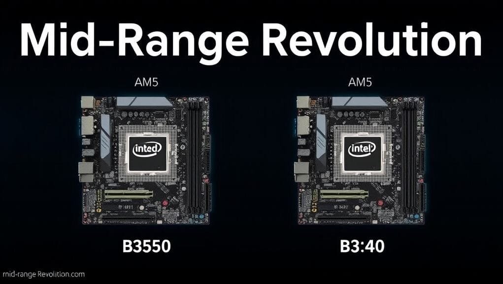 A stylized graphic showing the B850 and B840 chipsets as the "heart" of two different AM5 motherboards, with "Mid-Range Revolution" text prominently displayed A stylized graphic showing the B850 and B840 chipsets as the "heart" of two different AM5 motherboards, with "Mid-Range Revolution" text prominently displayed