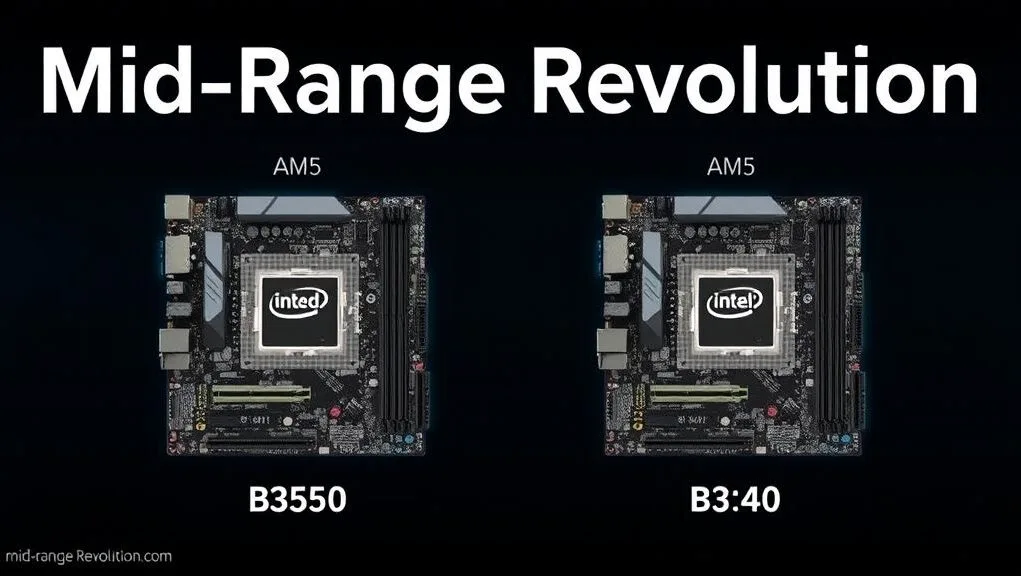 A stylized graphic showing the B850 and B840 chipsets as the "heart" of two different AM5 motherboards, with "Mid-Range Revolution" text prominently displayed A stylized graphic showing the B850 and B840 chipsets as the "heart" of two different AM5 motherboards, with "Mid-Range Revolution" text prominently displayed