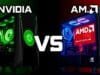 Nvidia vs AMD Rivalry: Who’s Really Winning? A stylized graphic showing two gaming PCs side-by-side, one with a green glowing Nvidia logo and the other with a red glowing AMD logo, representing the fierce Nvidia vs AMD rivalry.