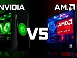 A stylized graphic showing two gaming PCs side-by-side, one with a green glowing Nvidia logo and the other with a red glowing AMD logo, representing the fierce Nvidia vs AMD rivalry.
