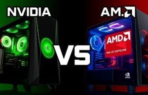 Nvidia vs AMD Rivalry: Who’s Really Winning? A stylized graphic showing two gaming PCs side-by-side, one with a green glowing Nvidia logo and the other with a red glowing AMD logo, representing the fierce Nvidia vs AMD rivalry.