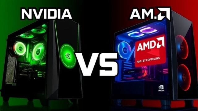 Nvidia vs AMD Rivalry: Who’s Really Winning? A stylized graphic showing two gaming PCs side-by-side, one with a green glowing Nvidia logo and the other with a red glowing AMD logo, representing the fierce Nvidia vs AMD rivalry.