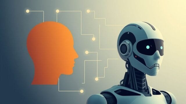 Natural Language Processing: Unlocking AI’s Understanding A stylized human head and a robot head are connected by abstract lines, symbolizing the flow of communication between them.