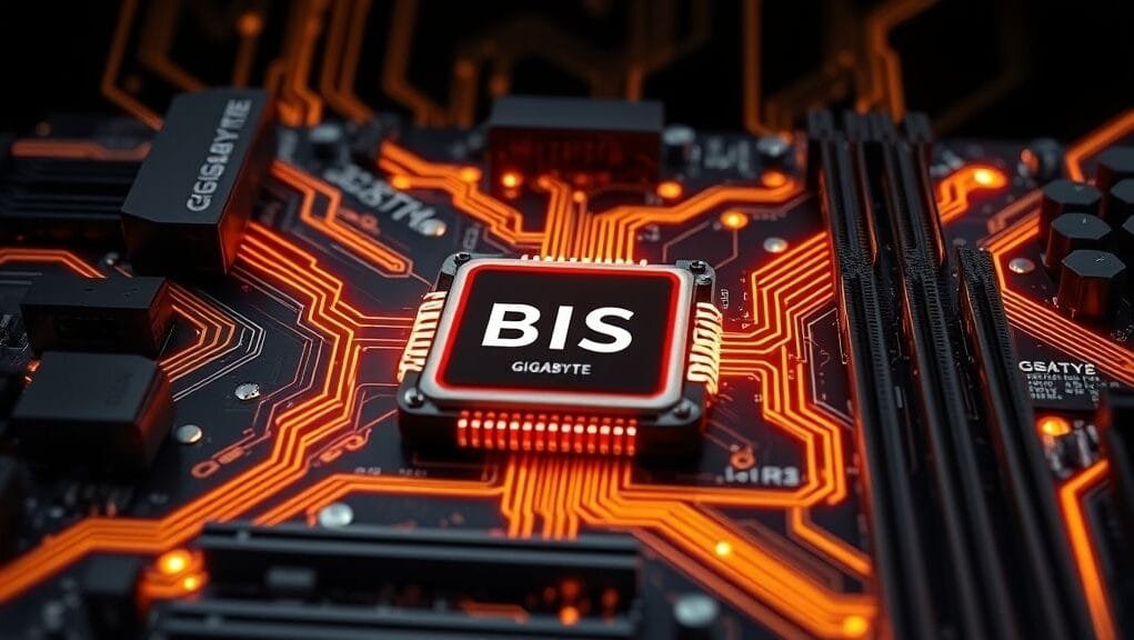 A stylized illustration of a Gigabyte motherboard with glowing circuit lines, highlighting the BIOS chip, representing a critical component.