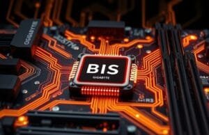 Gigabyte BIOS Update: The Safe & Easy Way A stylized illustration of a Gigabyte motherboard with glowing circuit lines, highlighting the BIOS chip, representing a critical component.