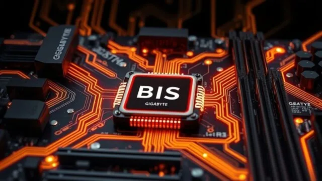 A stylized illustration of a Gigabyte motherboard with glowing circuit lines, highlighting the BIOS chip, representing a critical component.
