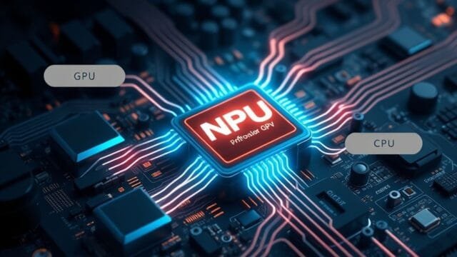 AI PCs & NPUs: Your Future Computing Starts Now A stylized illustration showing a glowing NPU chip at the center of a futuristic computer motherboard, with data streams flowing to and from CPU and GPU components, symbolizing integration and offloading of AI tasks.