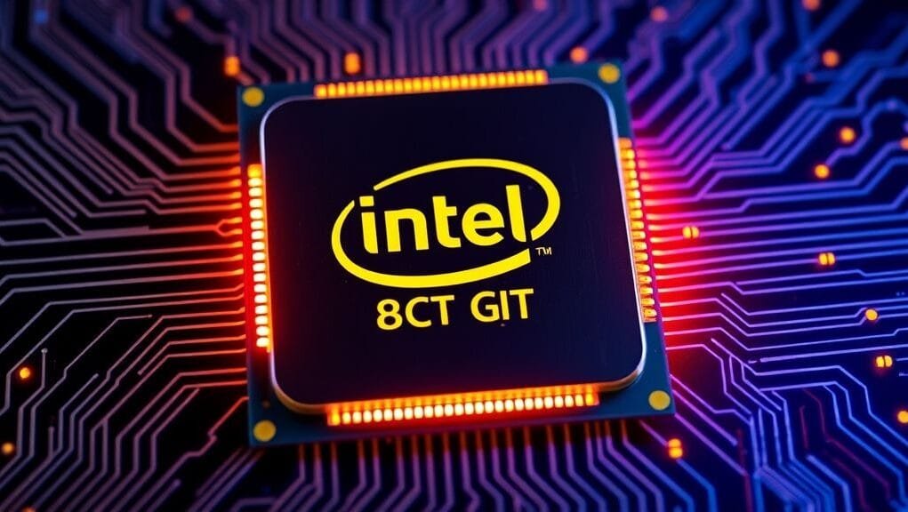 A stylized image of an Intel CPU glowing with increased performance, overlaid with digital circuit lines, representing overclocking.
