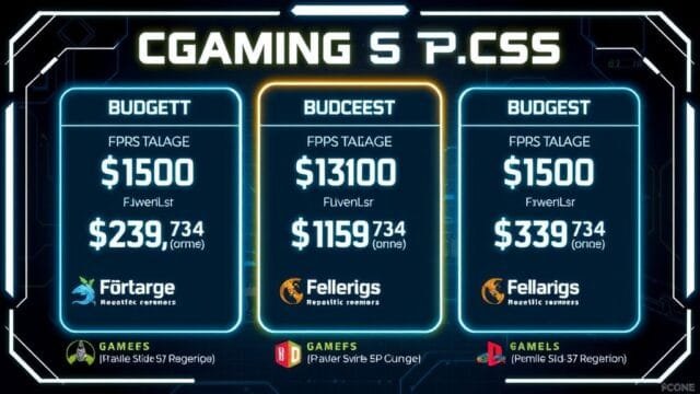 Budget Gaming PC Build: Your Ultimate Guide to Affordable Power A stylized infographic showcasing three budget tiers for gaming PCs, with dollar ranges and example FPS targets for popular games. The infographic has a futuristic, tech-oriented design.