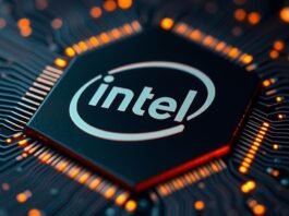 A stylized, intricate close-up of an Intel processor chip with glowing circuits, symbolizing hidden power.