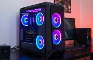Building Your First PC: The Ultimate 2025 Guide A stylized, modern gaming PC build with RGB lighting on a desk, showcasing various components like the GPU and CPU cooler through a clear side panel. The desk also has a monitor, keyboard, and mouse.