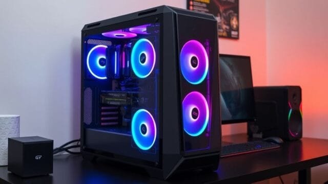 Building Your First PC: The Ultimate 2025 Guide A stylized, modern gaming PC build with RGB lighting on a desk, showcasing various components like the GPU and CPU cooler through a clear side panel. The desk also has a monitor, keyboard, and mouse.