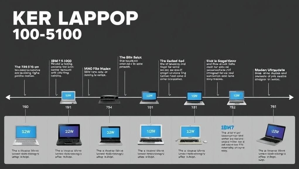A timeline infographic showing key laptop models from the IBM 5100 to a modern ultraportable, highlighting design and technology changes over decades.