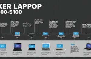 History of Laptops: From Luggables to AI Marvels A timeline infographic showing key laptop models from the IBM 5100 to a modern ultraportable, highlighting design and technology changes over decades.