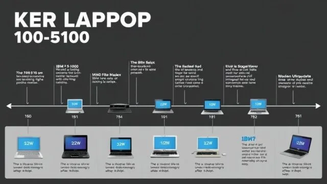 A timeline infographic showing key laptop models from the IBM 5100 to a modern ultraportable, highlighting design and technology changes over decades. A timeline infographic showing key laptop models from the IBM 5100 to a modern ultraportable, highlighting design and technology changes over decades.