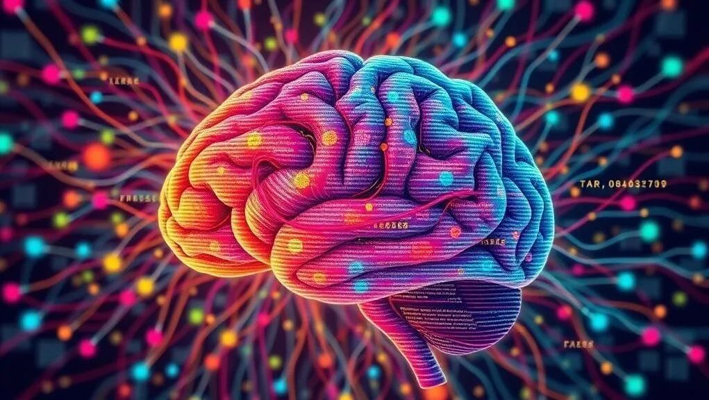 A vibrant, abstract illustration representing a brain-like neural network, with interwoven lines of text and data flowing through it, symbolizing the complexity and power of a Large Language Model.