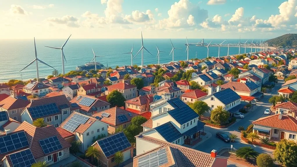 A vibrant artistic representation of a city powered by a mix of solar panels on rooftops, offshore wind turbines, and electric vehicles, symbolizing the future of renewable energy.