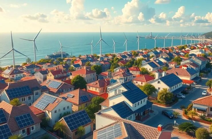 A vibrant artistic representation of a city powered by a mix of solar panels on rooftops, offshore wind turbines, and electric vehicles, symbolizing the future of renewable energy.