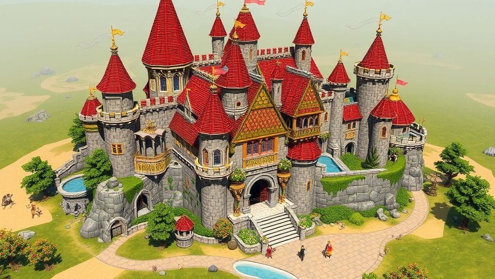 A vibrant, detailed fantasy castle build in a sandbox game, showcasing intricate aesthetic details and thematic coherence, with players exploring around it.