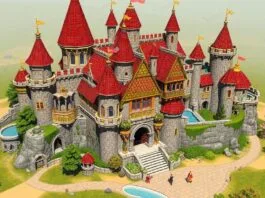 A vibrant, detailed fantasy castle build in a sandbox game, showcasing intricate aesthetic details and thematic coherence, with players exploring around it.