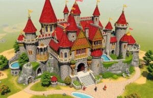Aesthetic and Themed Builds: Elevate Your Virtual World Designs A vibrant, detailed fantasy castle build in a sandbox game, showcasing intricate aesthetic details and thematic coherence, with players exploring around it.