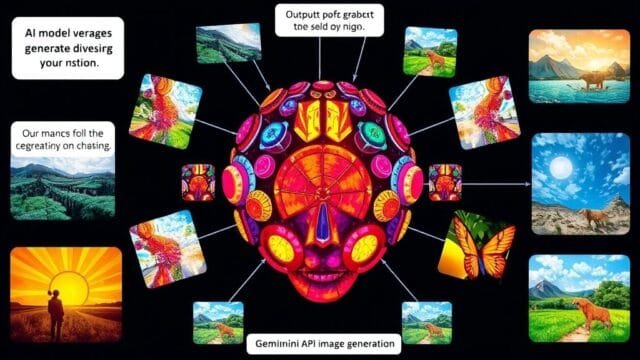 How to Master Gemini API Image Generation A vibrant, detailed illustration of an AI model generating diverse images, with text bubbles depicting prompts and output images surrounding it, representing Gemini API image generation capabilities.
