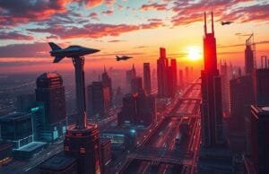 Effortless Amazon Nova Canvas Image Generation: A Guide A vibrant, detailed image generated from a text prompt, depicting a futuristic cityscape at sunset with flying vehicles and glowing neon lights.