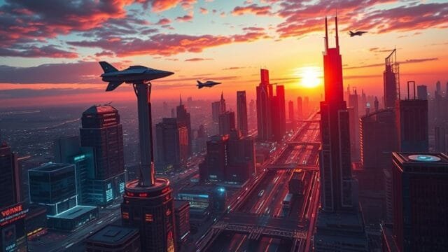 Effortless Amazon Nova Canvas Image Generation: A Guide A vibrant, detailed image generated from a text prompt, depicting a futuristic cityscape at sunset with flying vehicles and glowing neon lights.
