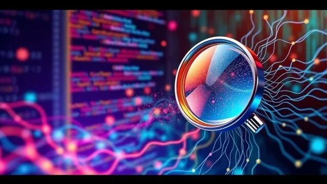 A vibrant, dynamic image representing AI-powered creative possibilities, with lines of code transforming into visual art and a stylized magnifying glass over a neural network. A vibrant, dynamic image representing AI-powered creative possibilities, with lines of code transforming into visual art and a stylized magnifying glass over a neural network.