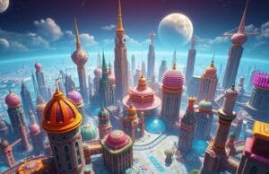 Generative AI: What Is ? Your Essential Guide. A vibrant, futuristic cityscape generated by AI, showing intricate details and creative architecture.