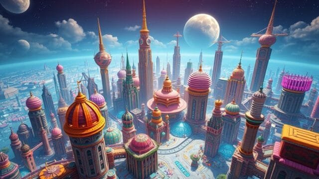 Generative AI: What Is ? Your Essential Guide. A vibrant, futuristic cityscape generated by AI, showing intricate details and creative architecture.